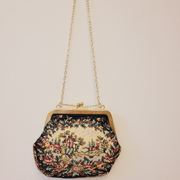 Vintage Walbarg Needlework Tapestry Nature Patern Gold Tone Chain Mini Purse Bag - Picture 4 of 8